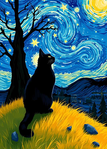 Black Cat Starry Night Art