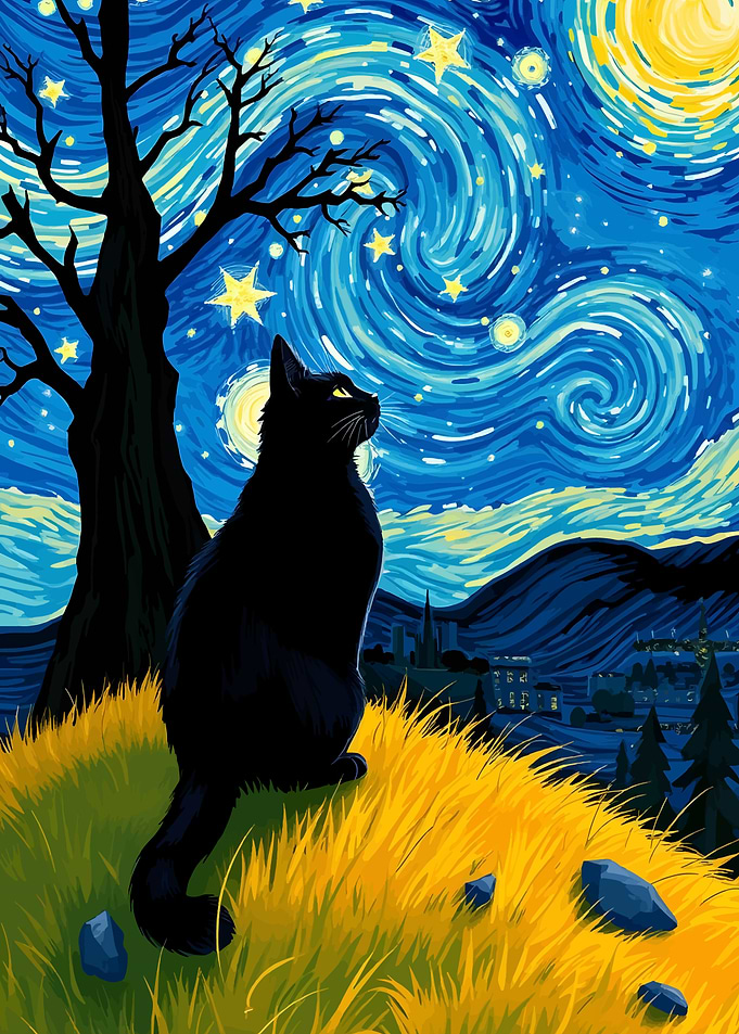 Black Cat Starry Night Art