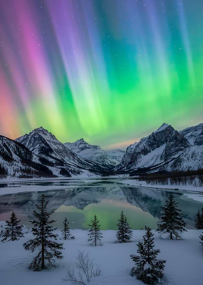 Aurora Borealis over Snowy Mountains