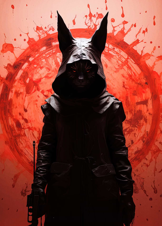 Hooded Cat Warrior with Red Backdrop
