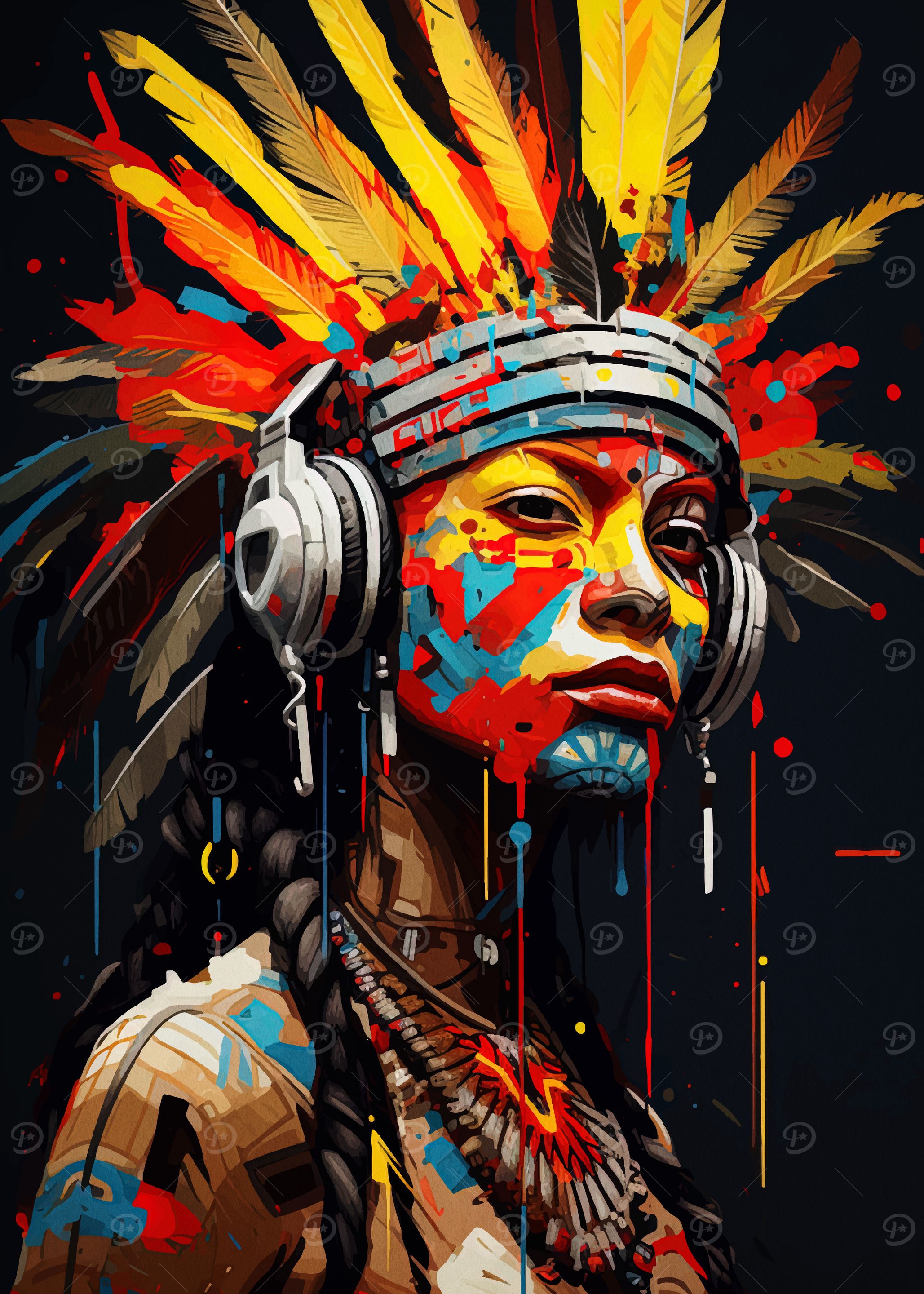 Native American Woman with Headphones Art