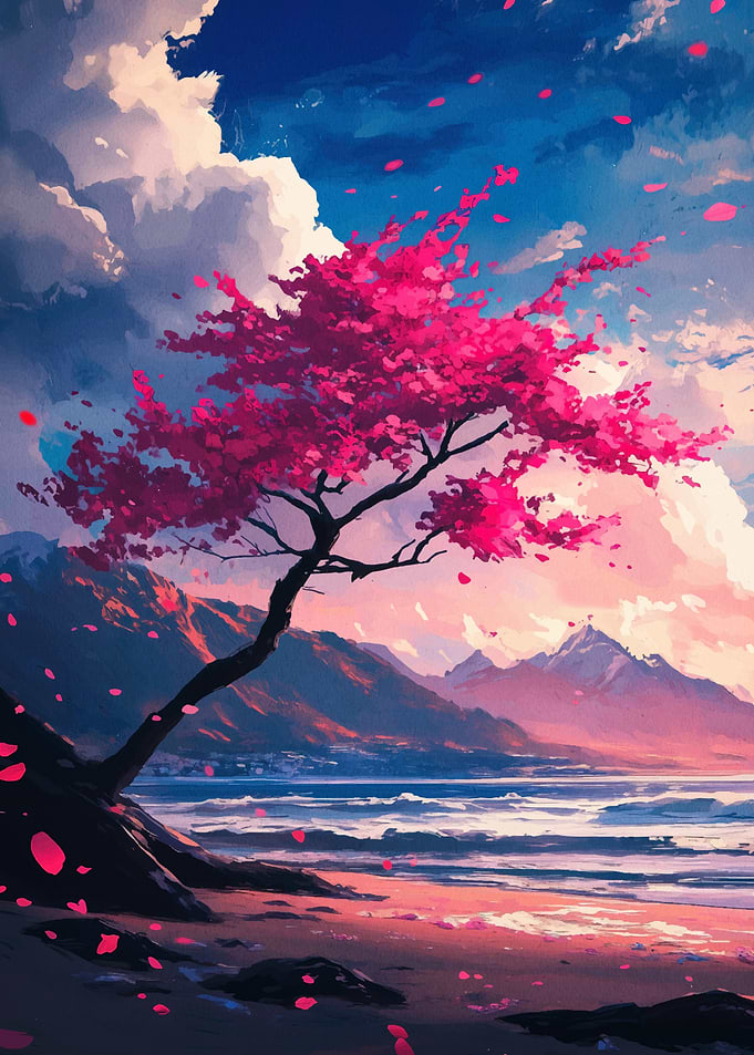 Pink Blossom Tree by the Sea