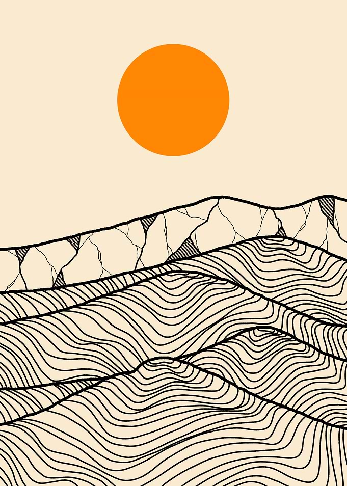 Minimalist Mountain Landscape with Orange Sun
