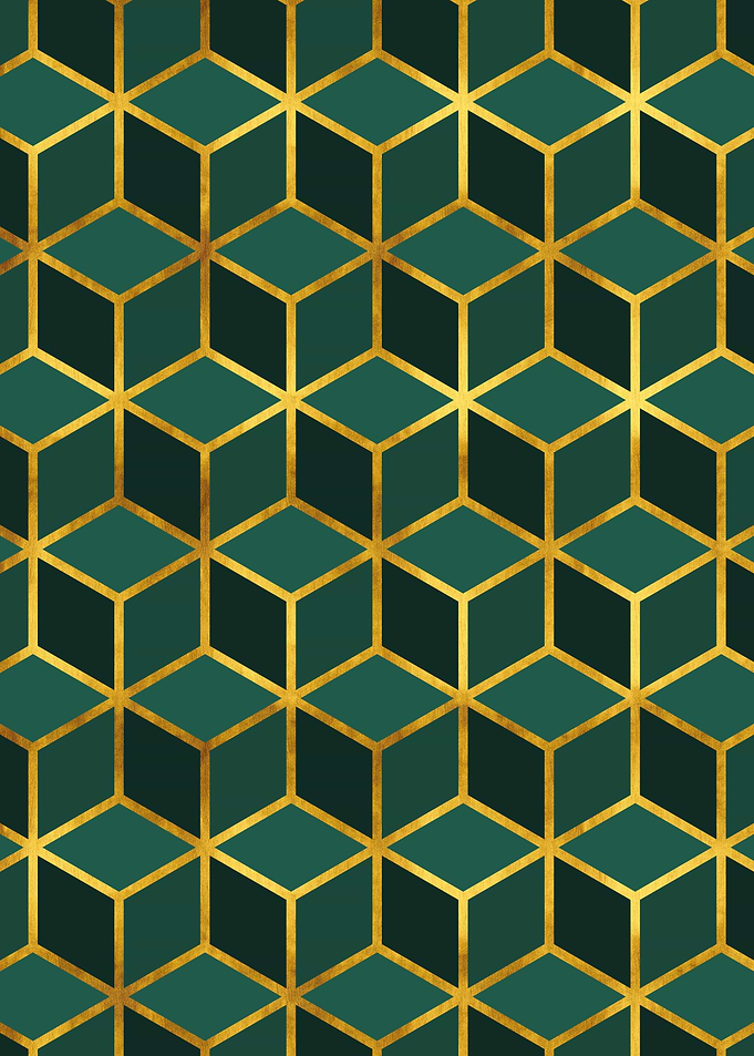 Emerald Cubes with Gold Lines Pattern