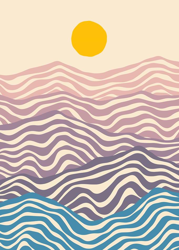 Abstract Striped Mountain Landscape with Sun