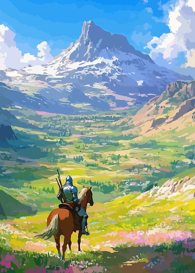 Knight on Horseback in Mountain Landscape