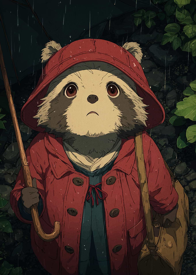 Raccoon in Red Coat in Rain