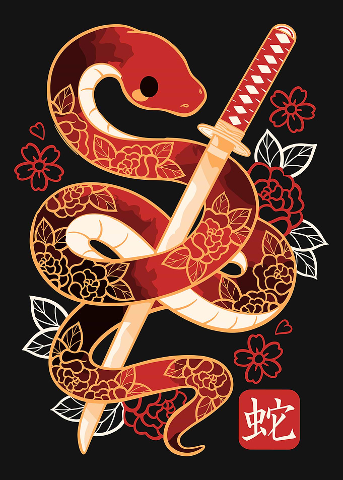 Snake, Sword, and Flowers Illustration