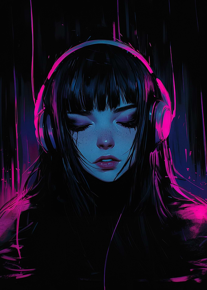 Girl with Headphones in Neon Light