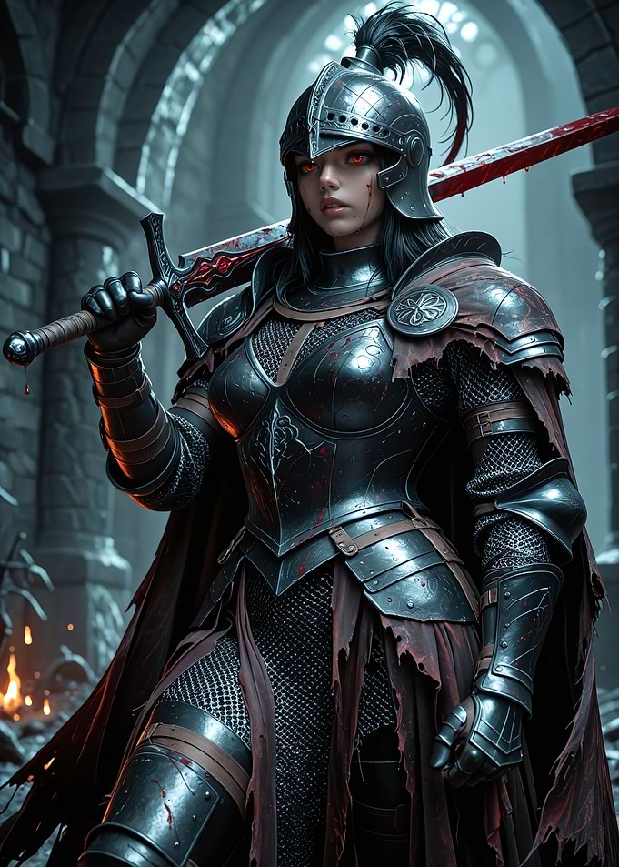 Female Knight with Bloody Sword