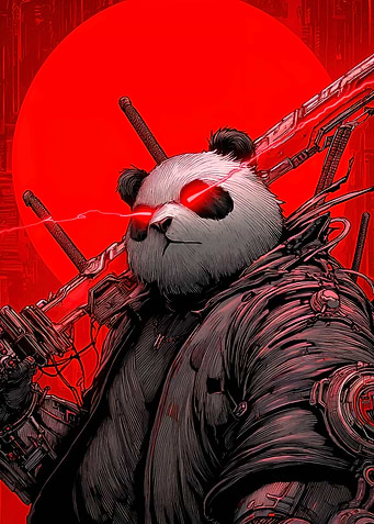 Cyberpunk Panda Warrior with Red Eyes