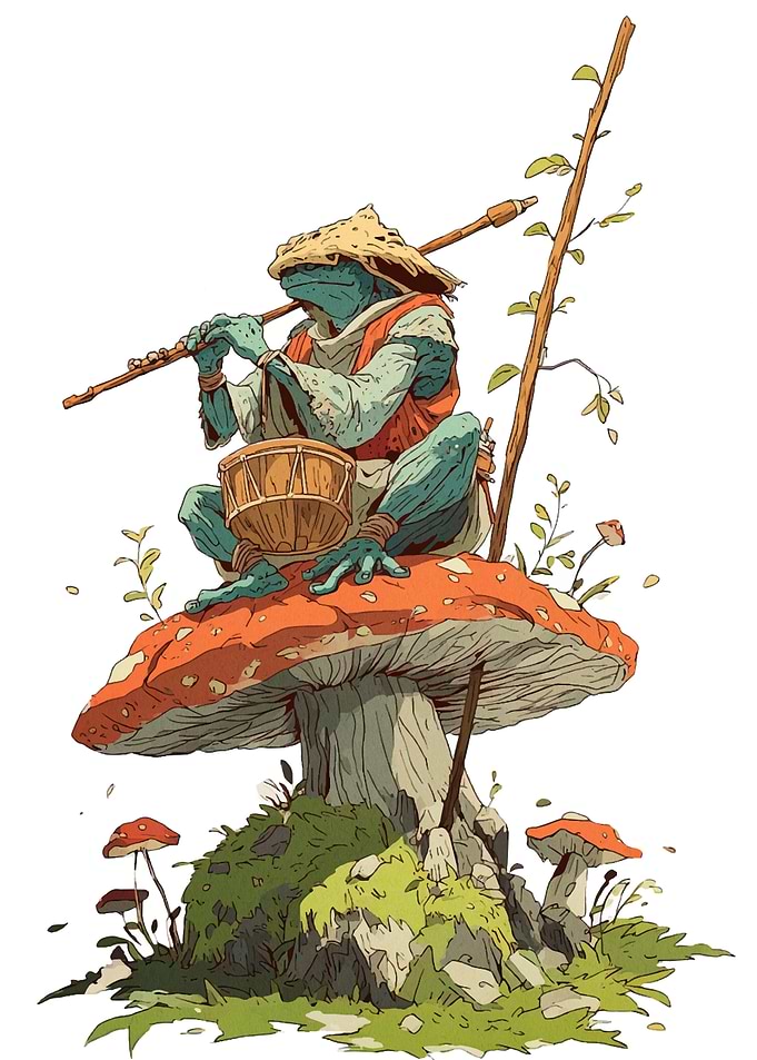 Frog musician on a mushroom