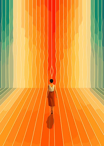 Woman Walking in Colorful Striped Room