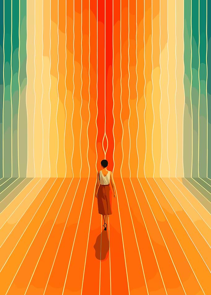 Woman Walking in Colorful Striped Room