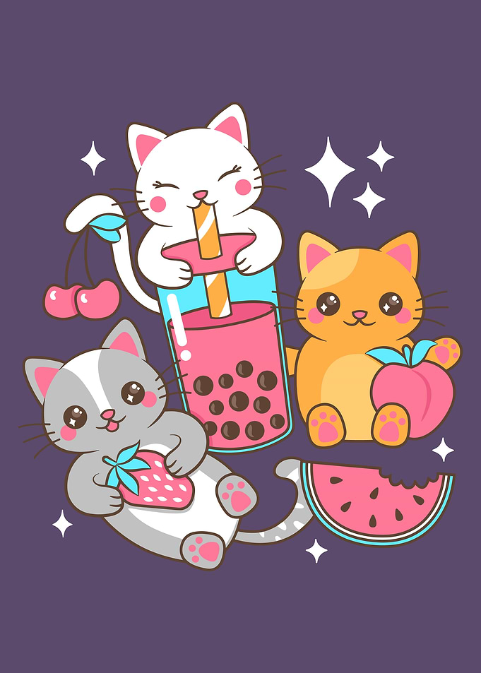 Cute Cats with Fruits and Boba