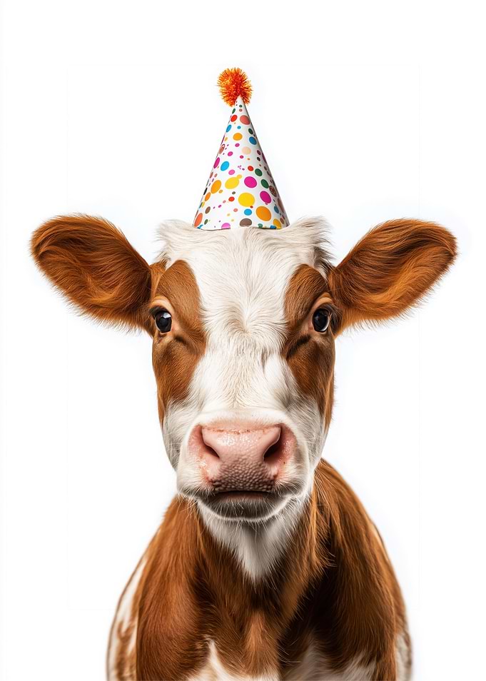Cow with Birthday Hat Portrait