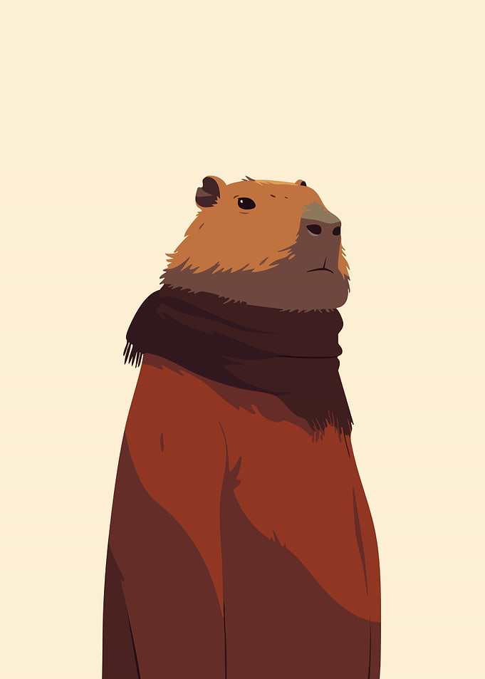 Capybara with Autumn Scarf Funny Cute Minimalist Art Illustration