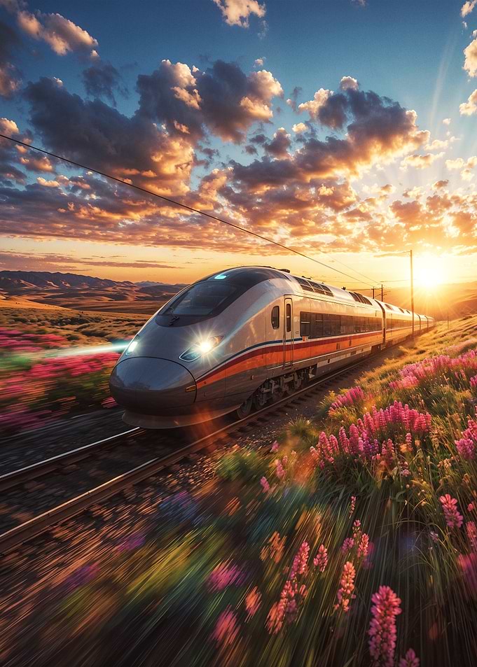 High-Speed Train at Sunset