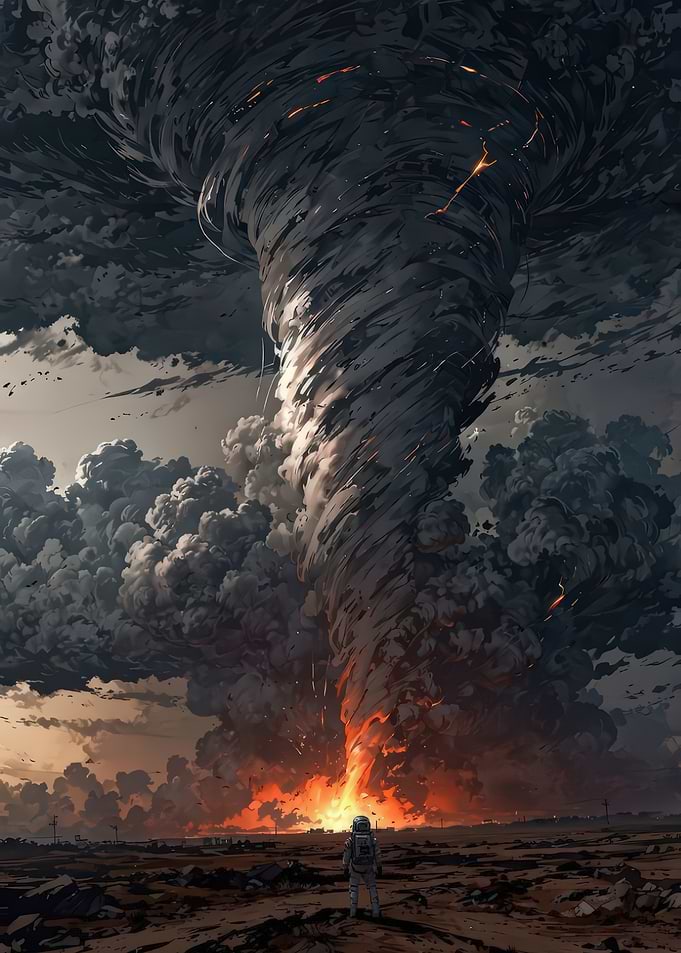 Astronaut Facing Fiery Tornado