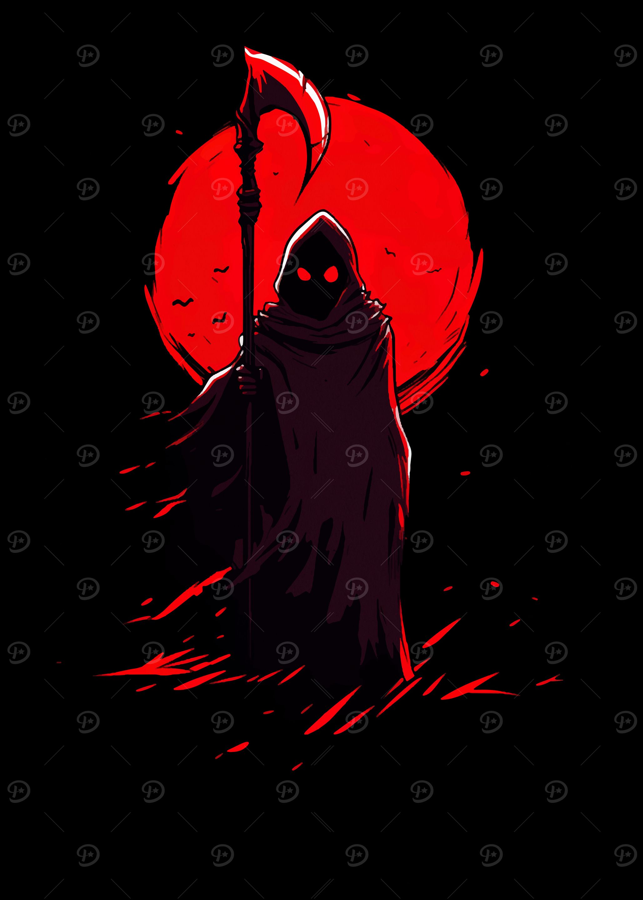 Grim Reaper Silhouette with Red Moon