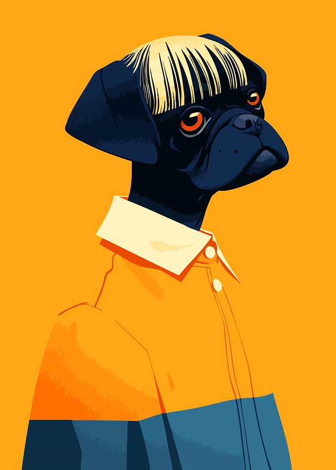 Pug with Blonde Bangs Funny Cute Surreal Minimalist Art Illustration