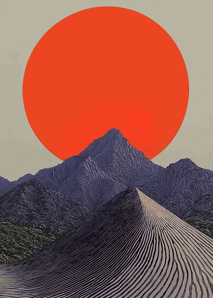 Mountain Landscape with Red Sun