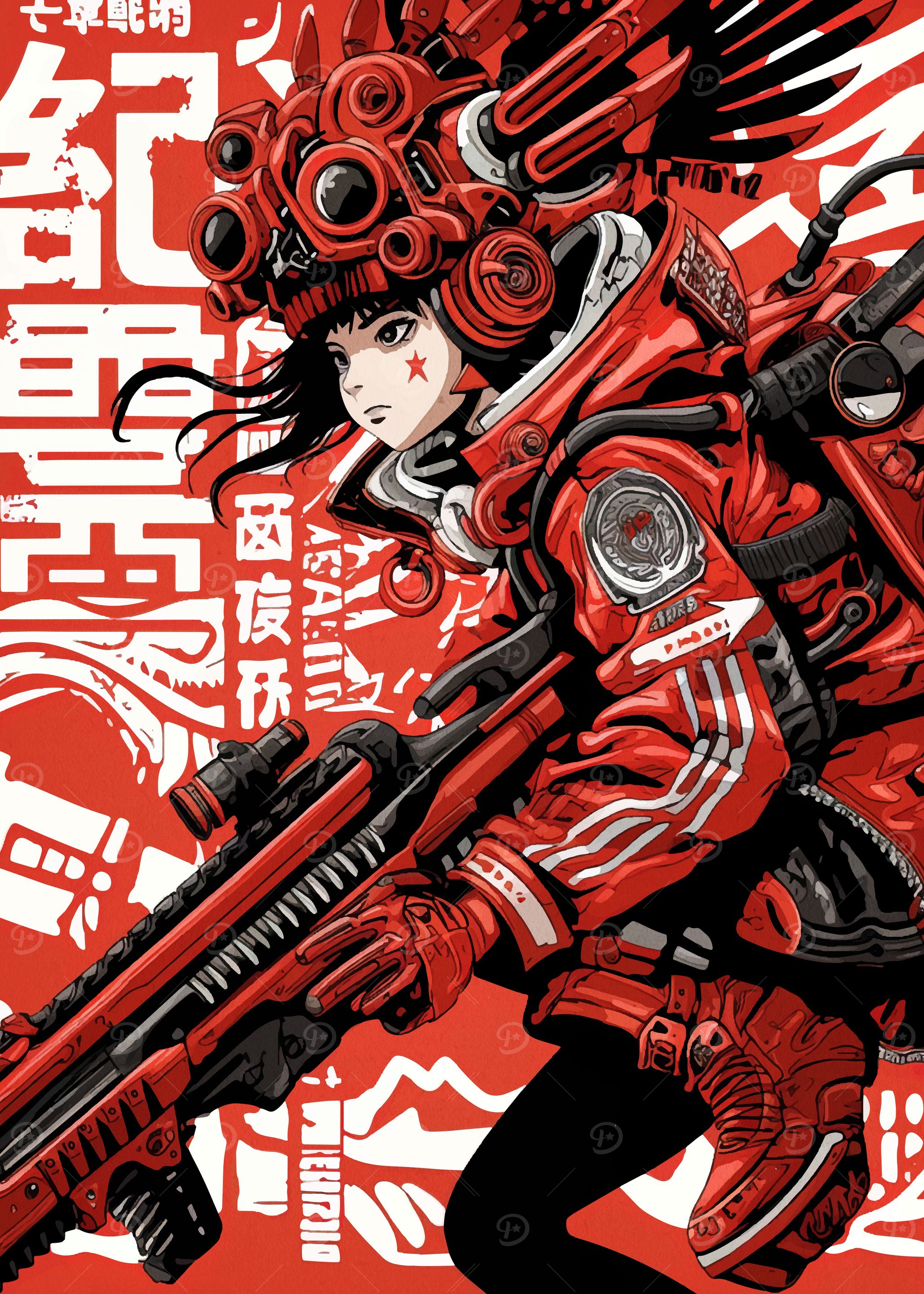 Red Cyberpunk Anime Girl with Rifle