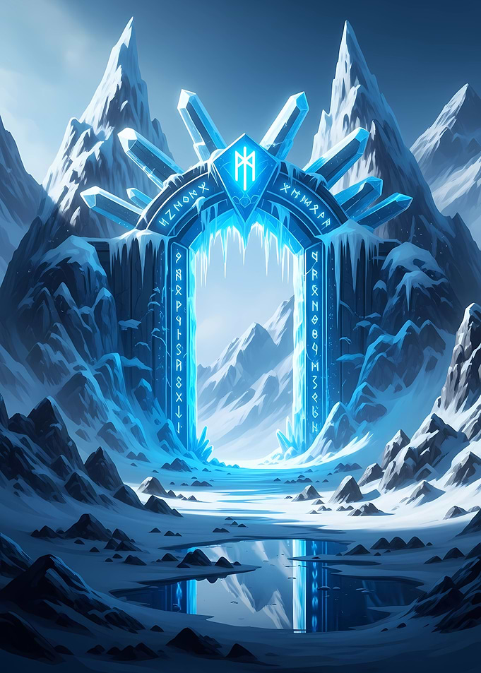 Icy Portal in Snowy Mountain Landscape