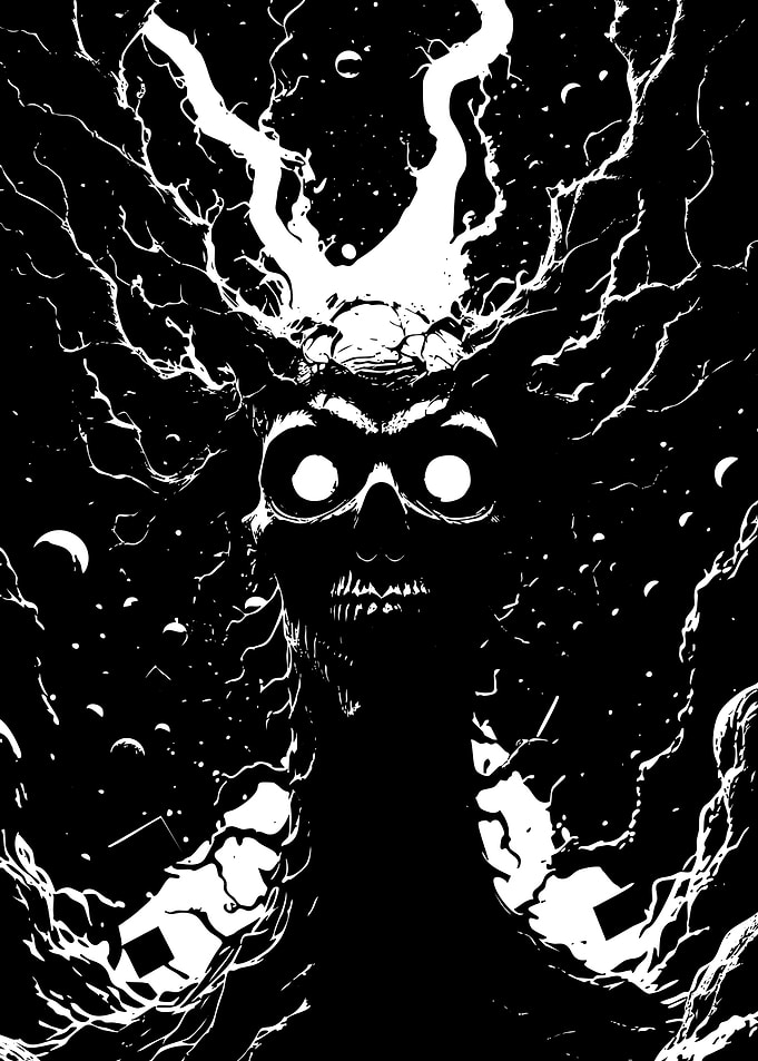 Monochrome Horror Figure with Energy Emanations