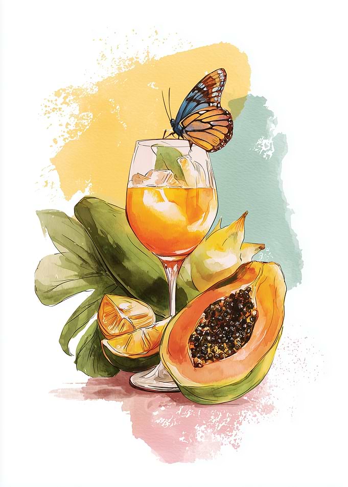 Tropical Drink with Butterfly Watercolor