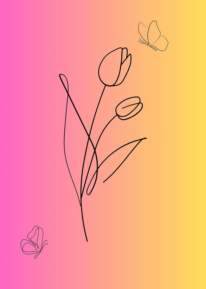 Minimalist Tulips and Butterflies Line Art