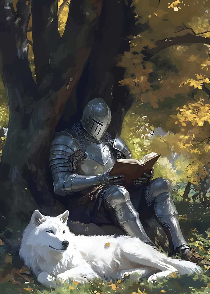 Knight Reading with Wolf Companion