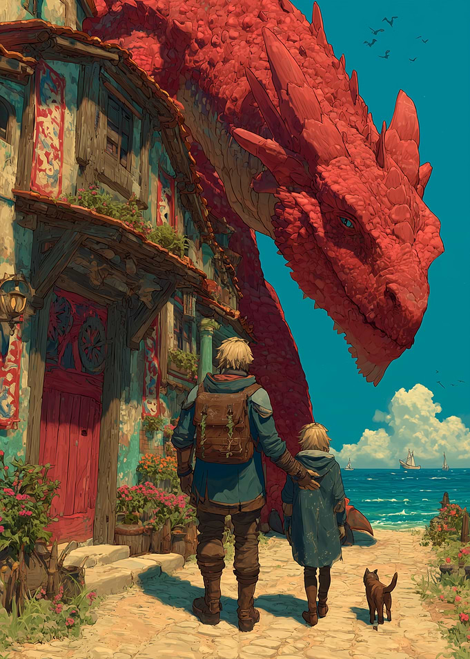 Red Dragon and Two Siblings by the Sea