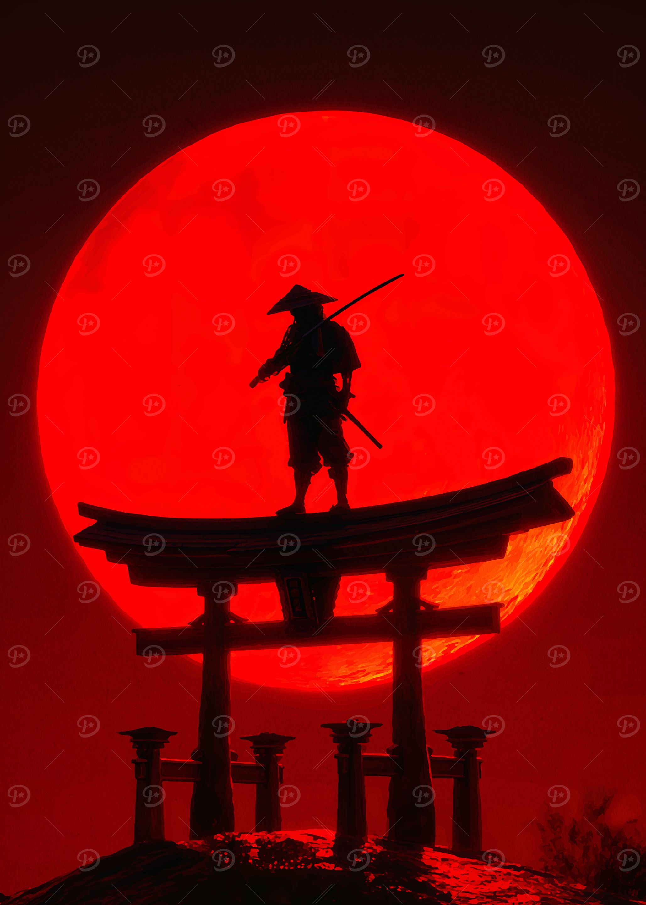 Silhouette of a Samurai with Red Moon