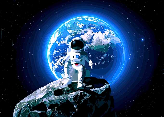 Astronaut on Asteroid with Earth View
