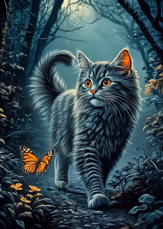 British Shorthair Cat and Butterfly in Forest
