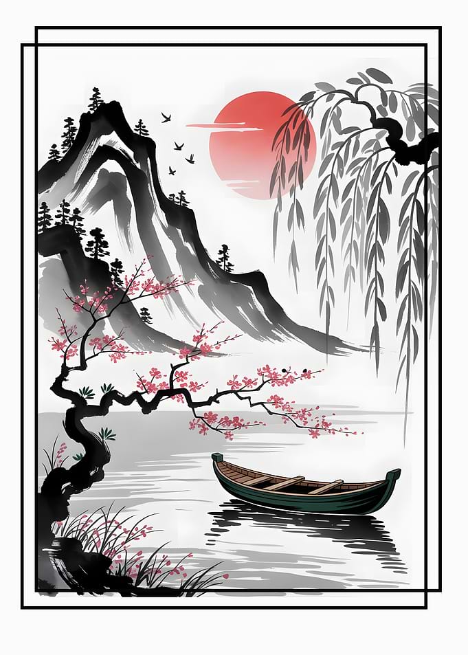Japanese Landscape with Boat and Cherry Blossoms