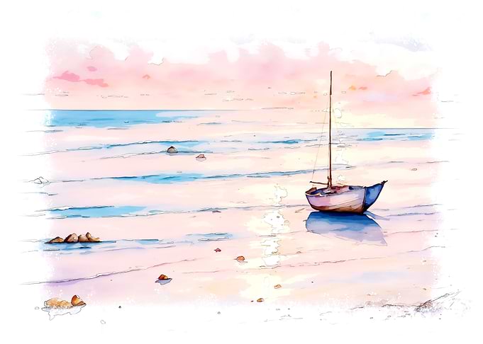 Watercolor Boat on Beach at Sunset