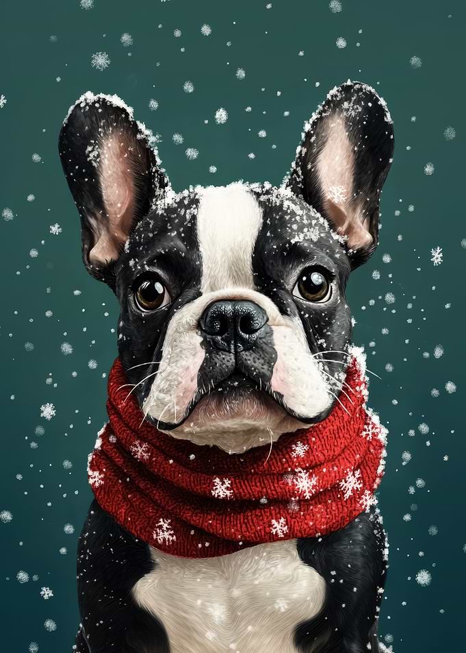 Boston Terrier in Christmas Outfit | Festive Dog Wall Art