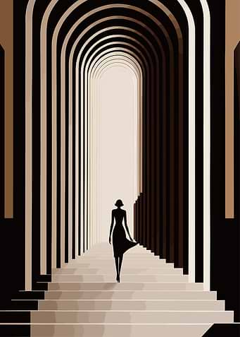 Woman walking through arched corridor