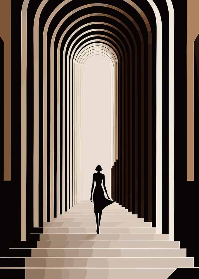Woman walking through arched corridor