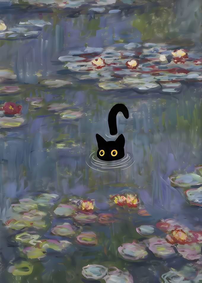 Black Cat in Monet's Water Lilies