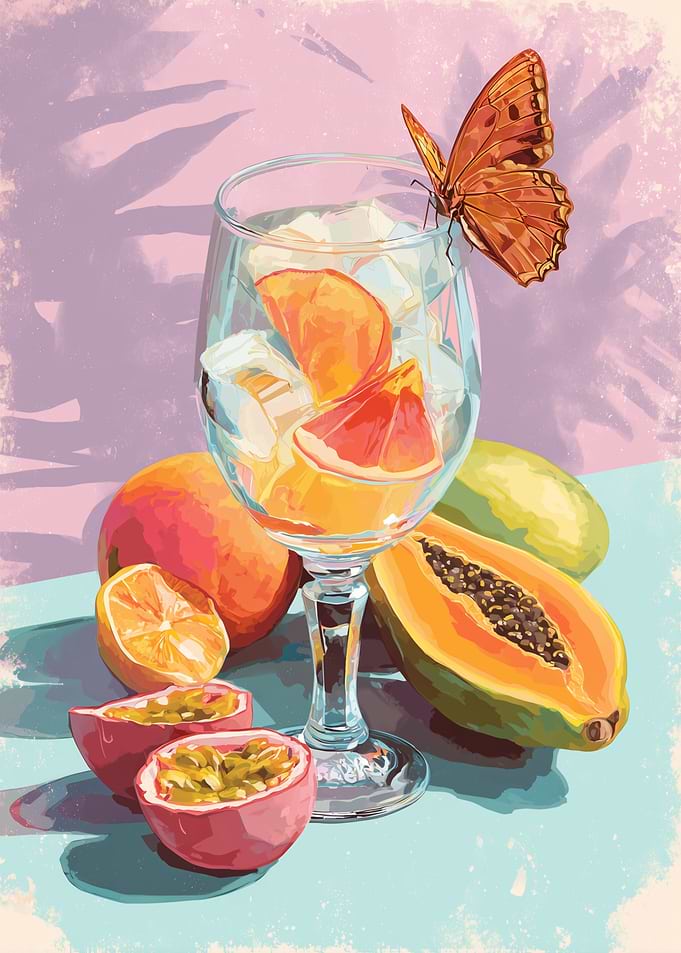 Tropical Fruit Still Life with Butterfly
