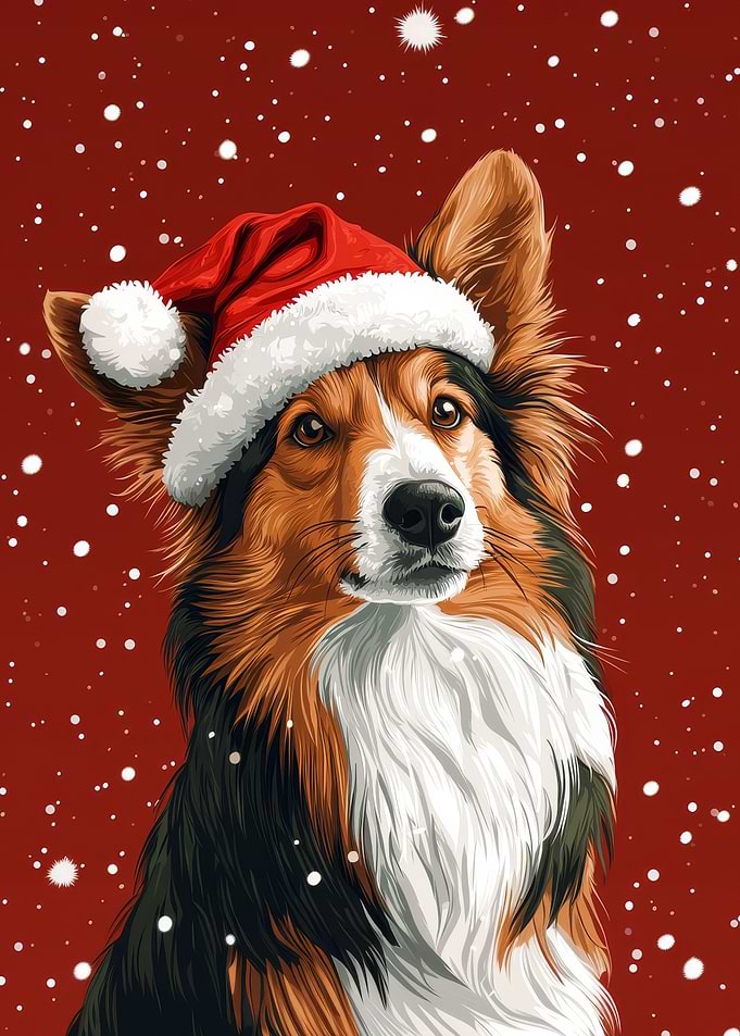 Christmas Collie with Santa Hat | Holiday Dog Print
