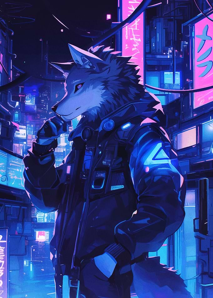 Cyberpunk Wolf in Neon Cityscape