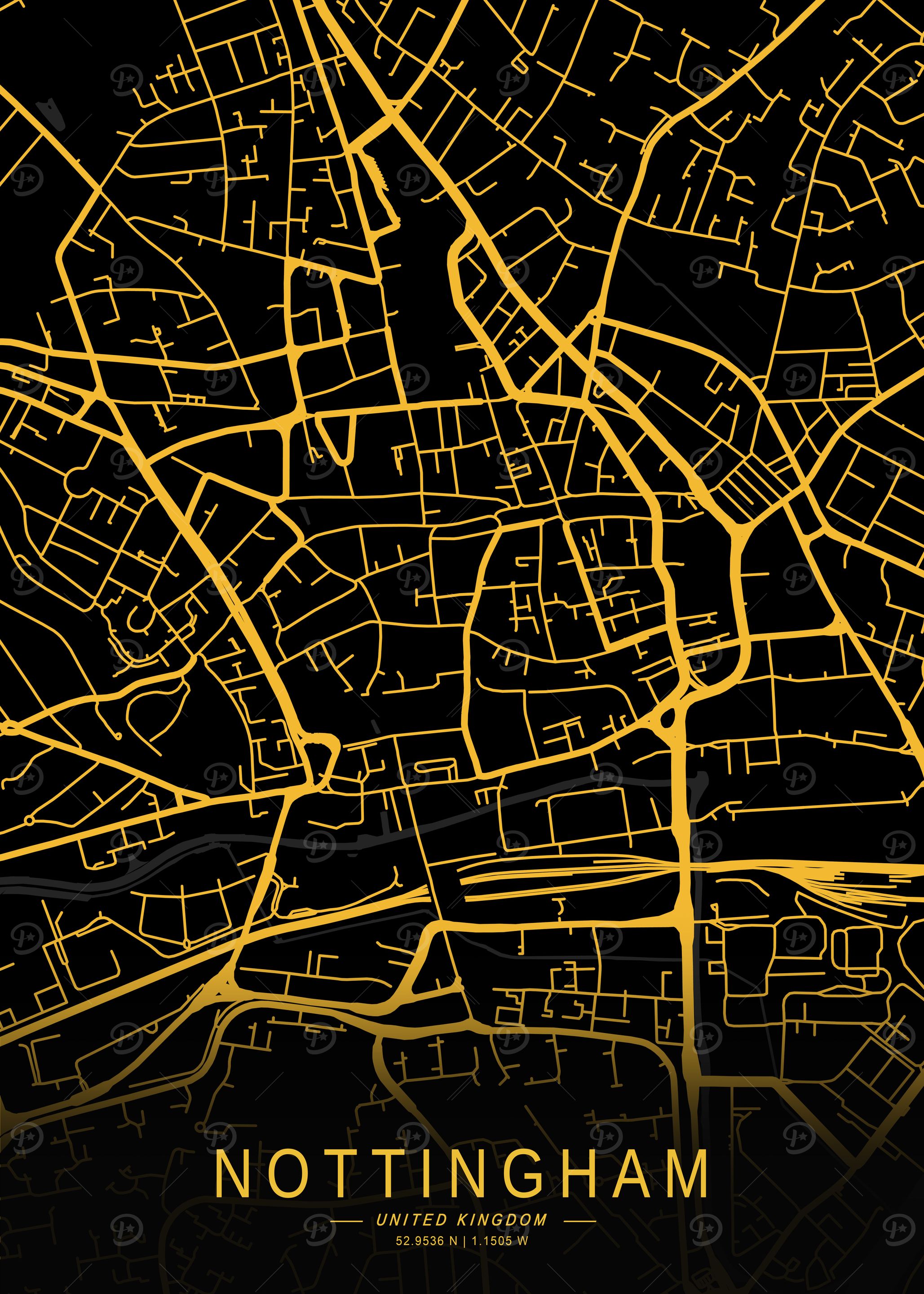 Golden Nottingham City Map