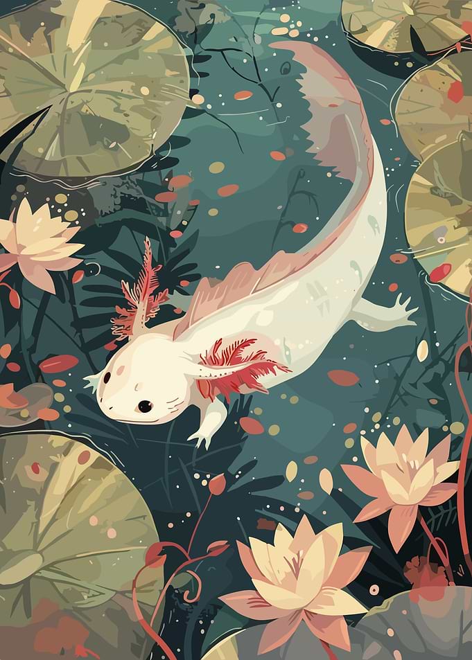 Axolotl in Lily Pond Illustration
