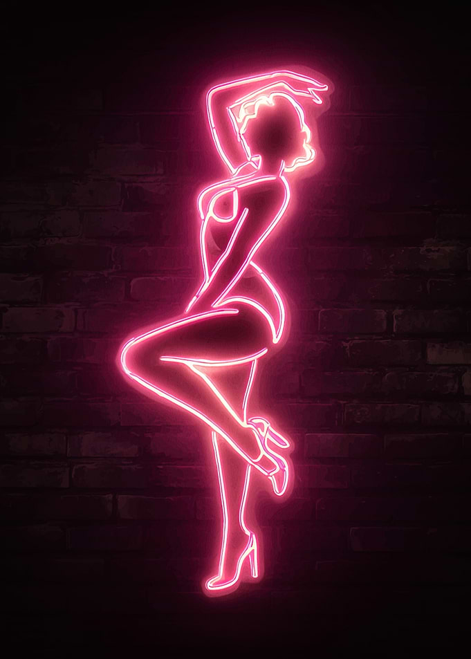 Neon Woman Silhouette on Brick Wall