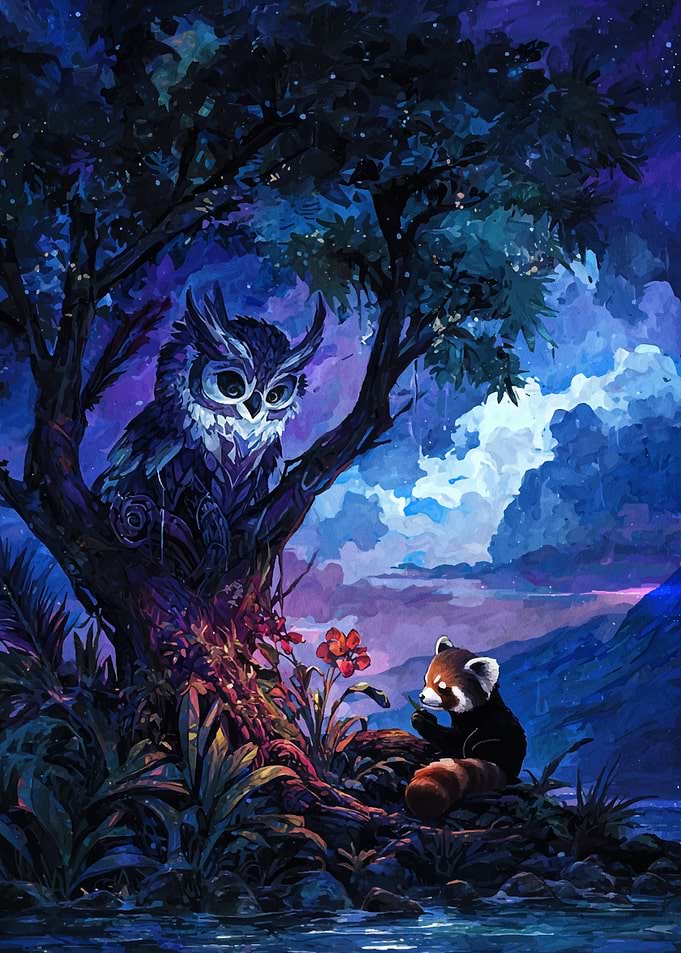 Owl and Red Panda in Forest