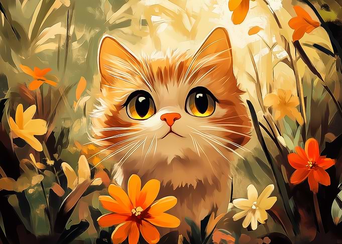 Cute Cat in a Flower Garden